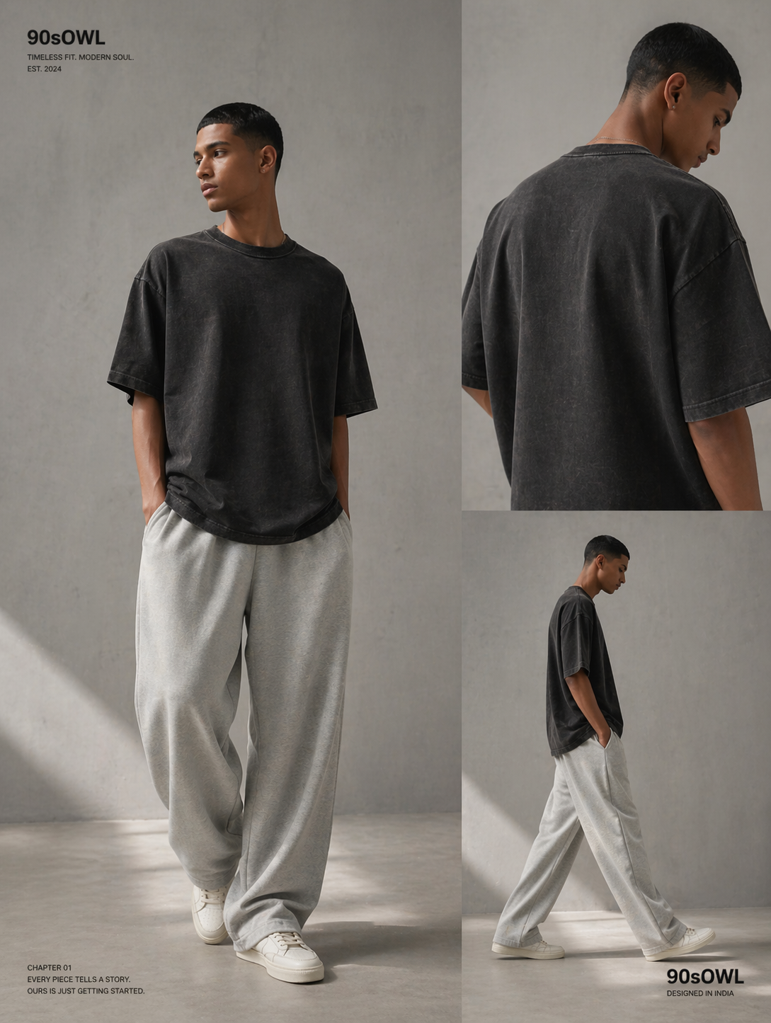 Model wearing a washed oversized black t-shirt with relaxed grey wide-leg pants in premium minimalist streetwear style by 90sOWL