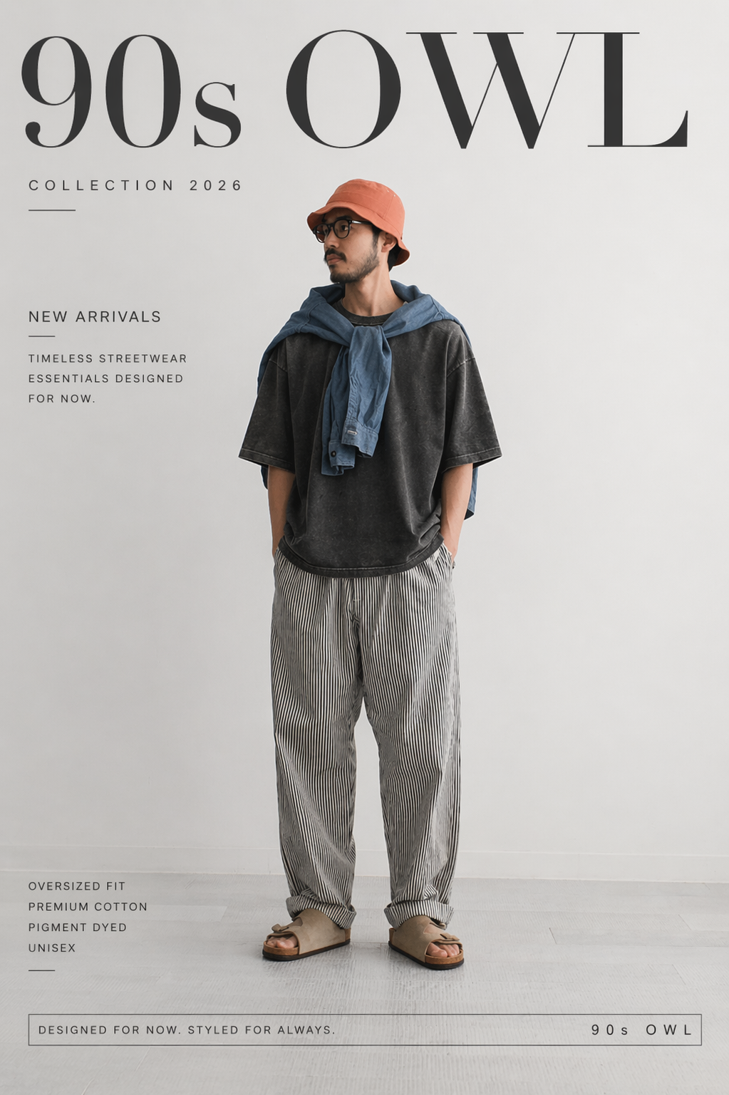Model wearing a washed oversized t-shirt with relaxed striped pants and layered streetwear styling in modern minimalist fashion by 90sOWL
