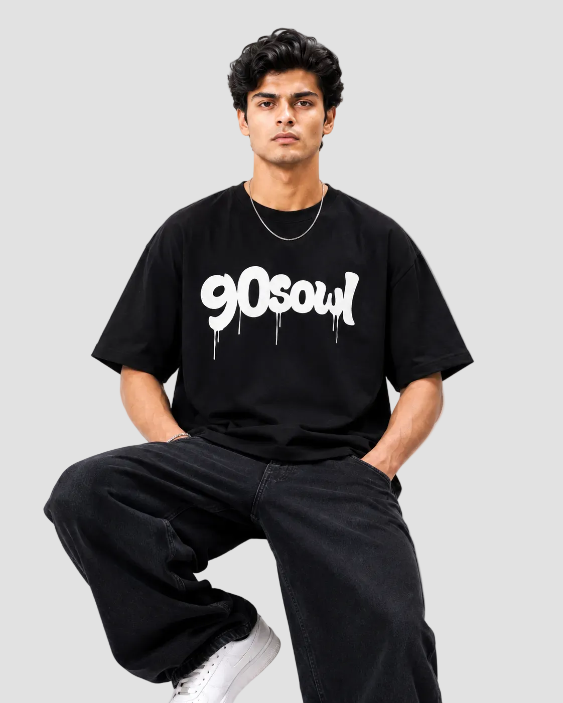 90sOWL Logo Black Printed Oversized T-Shirt for Men and Women