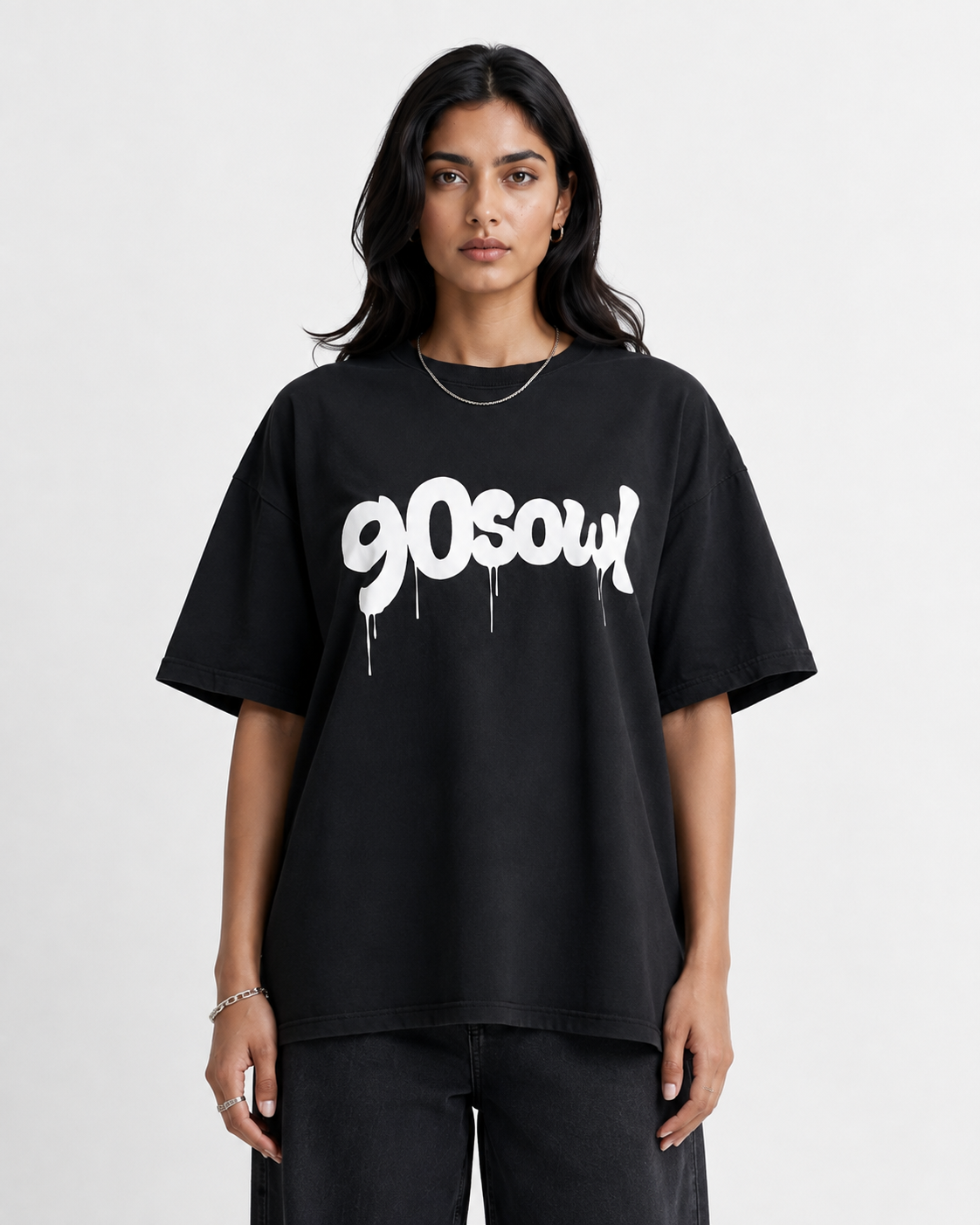 90sOWL Logo Black Printed Oversized T-Shirt for Men and Women