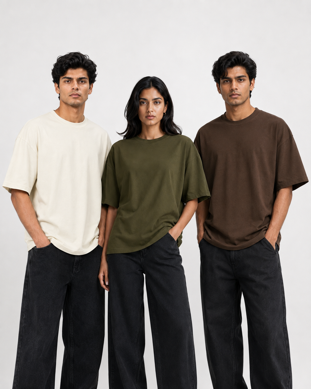 Oversized T-Shirts – Pack of 3 (Off-White, Olive Green & Brown)