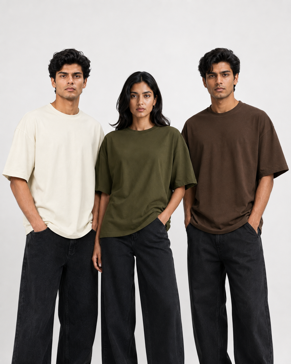 Oversized T-Shirts – Pack of 3 (Off-White, Olive Green & Brown)