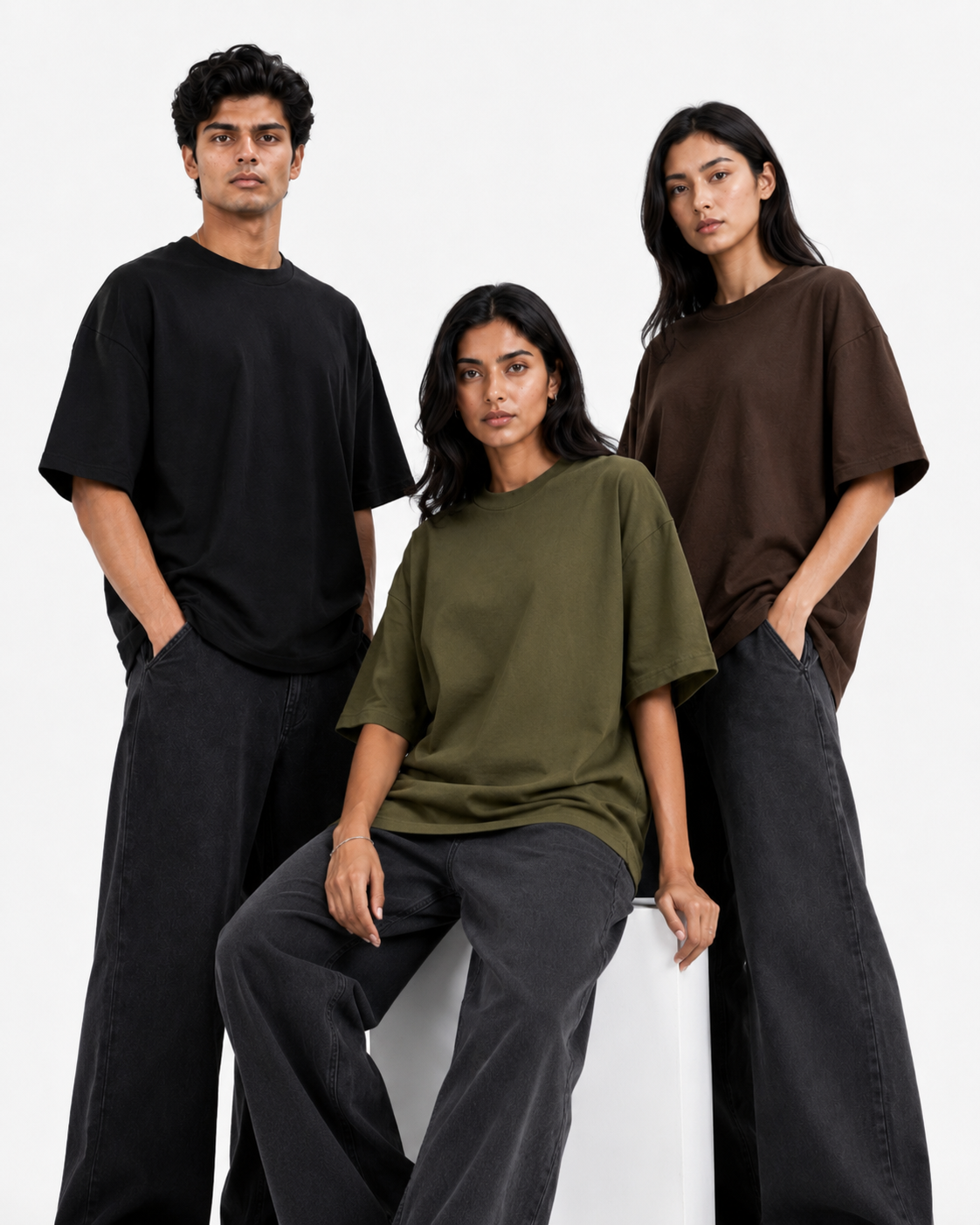 Oversized T-Shirts – Pack of 3 (Black, Olive Green & Brown)