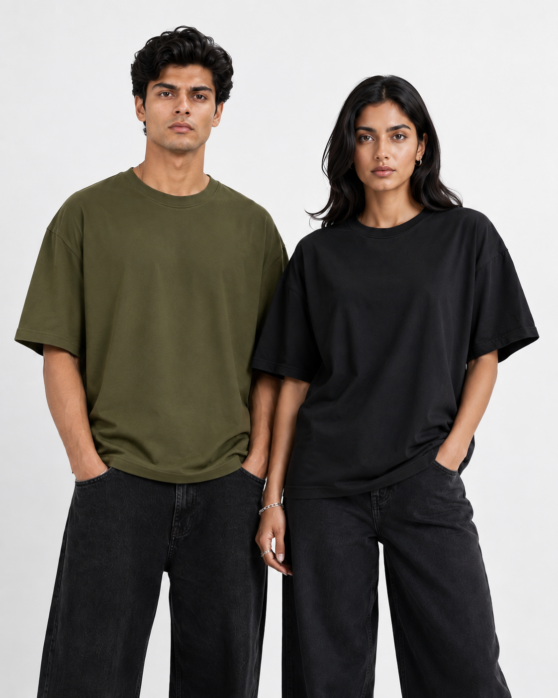 Unisex Cotton Oversized T-Shirts – Pack of 2 (Black & Olive Green)